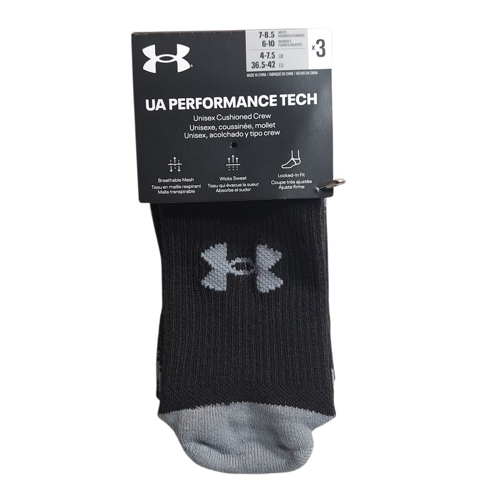 Under Armour 3 Pairs Unisex Cushioned Crew Socks Black/Gray M 7-8.5‎ W 6-10